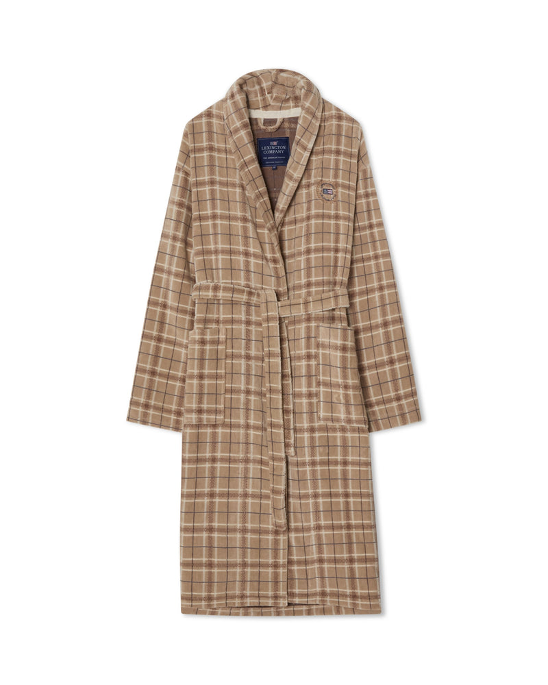Karierter Unisex-Bademantel aus Baumwollvelours – Beige/Grau/Hellbeige