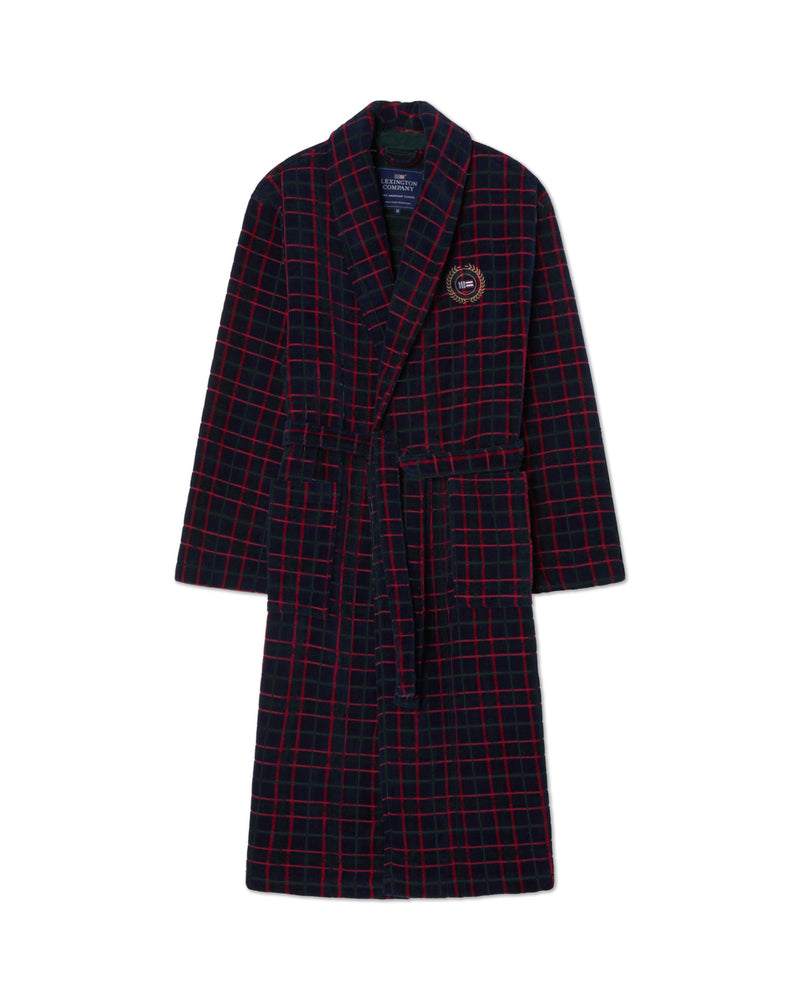 Karierter Unisex-Bademantel aus Baumwollvelours – Marine/Grün/Weinrot