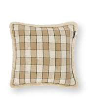 Karierter Kissenbezug mit Fransen aus Bio-Baumwolle – Beige/Hellbeige/Grün