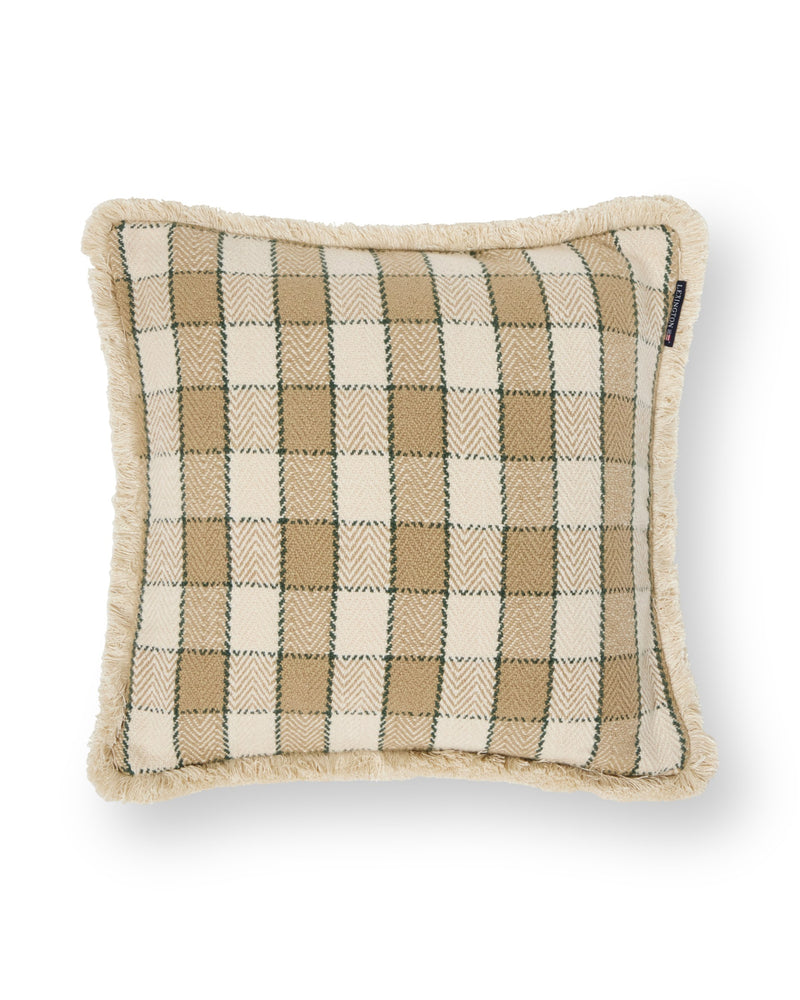 Karierter Kissenbezug mit Fransen aus Bio-Baumwolle – Beige/Hellbeige/Grün
