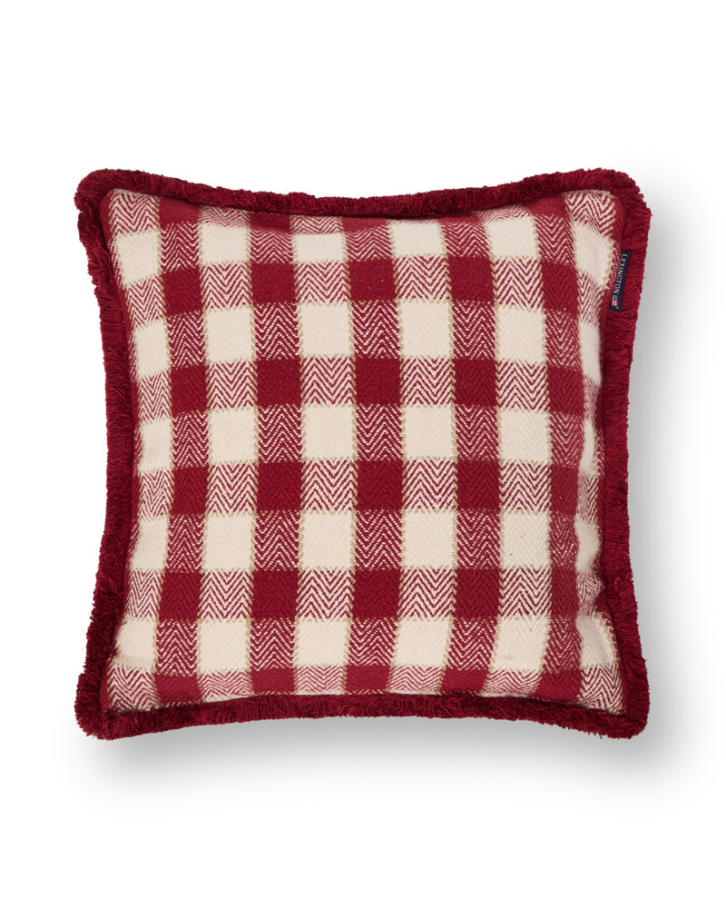 Karierter Kissenbezug mit Fransen aus Bio-Baumwolle – Rot/Hellbeige/Beige