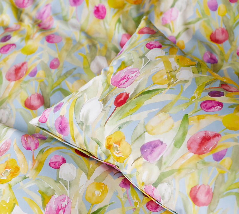 Mako Batist Bettwäsche Tulpen mit Blumenmotiv – Blau
