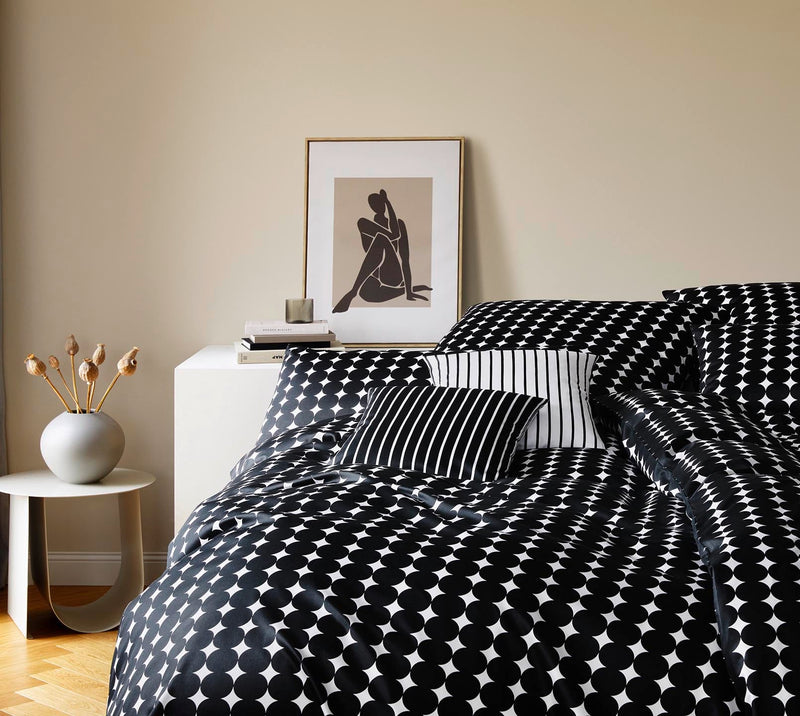 Mako Satin Bettwäsche Bubbles mit Kreis-Muster – Schwarz-Weiß