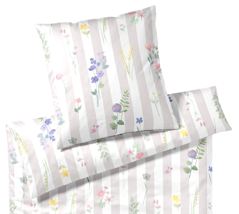 Mako Satin Bettwäsche Flowerstripe mit Blumen und Blockstreifen – Natur