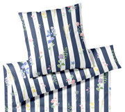 Mako Satin Bettwäsche Flowerstripe mit Blumen und Blockstreifen – Marine