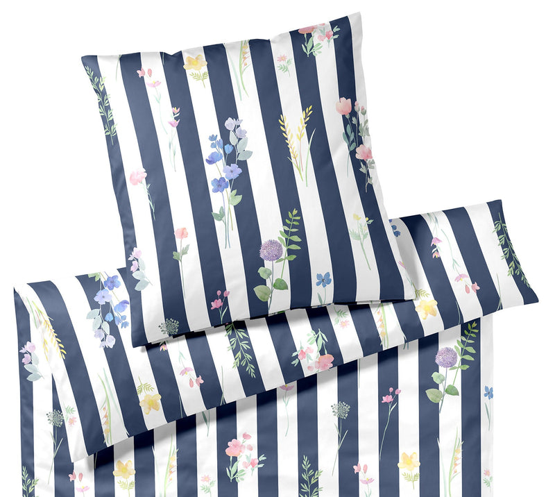 Mako Satin Bettwäsche Flowerstripe mit Blumen und Blockstreifen – Marine