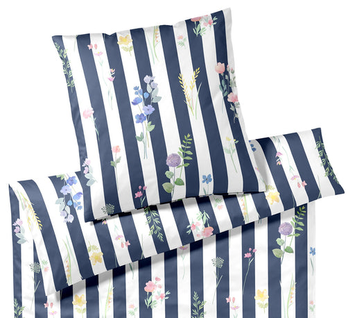 Mako Satin Bettwäsche Flowerstripe mit Blumen und Blockstreifen – Marine