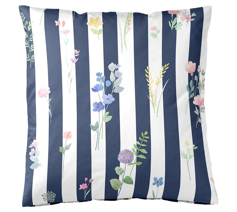 Mako Satin Bettwäsche Flowerstripe mit Blumen und Blockstreifen – Marine