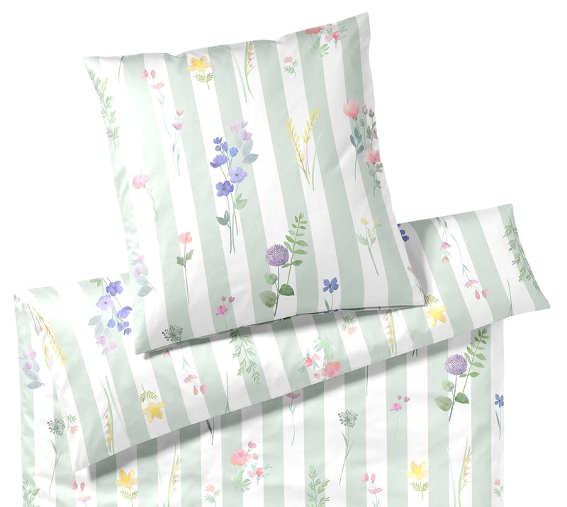 Mako Satin Bettwäsche Flowerstripe mit Blumen und Blockstreifen – Zartgrün