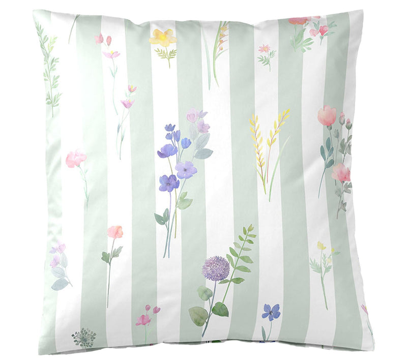 Mako Satin Bettwäsche Flowerstripe mit Blumen und Blockstreifen – Zartgrün