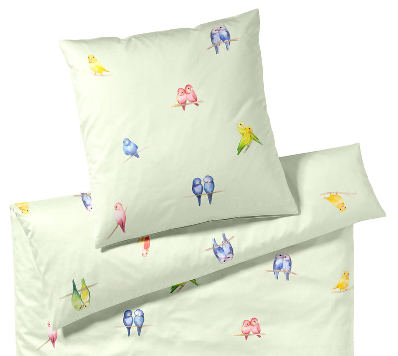 Mako Satin Bettwäsche Lovebirds mit Vogelmotiv – Lindgrün