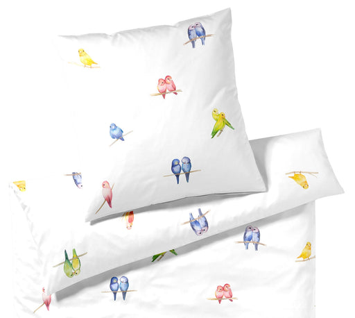 Mako Satin Bettwäsche Lovebirds mit Vogelmotiv – Weiß