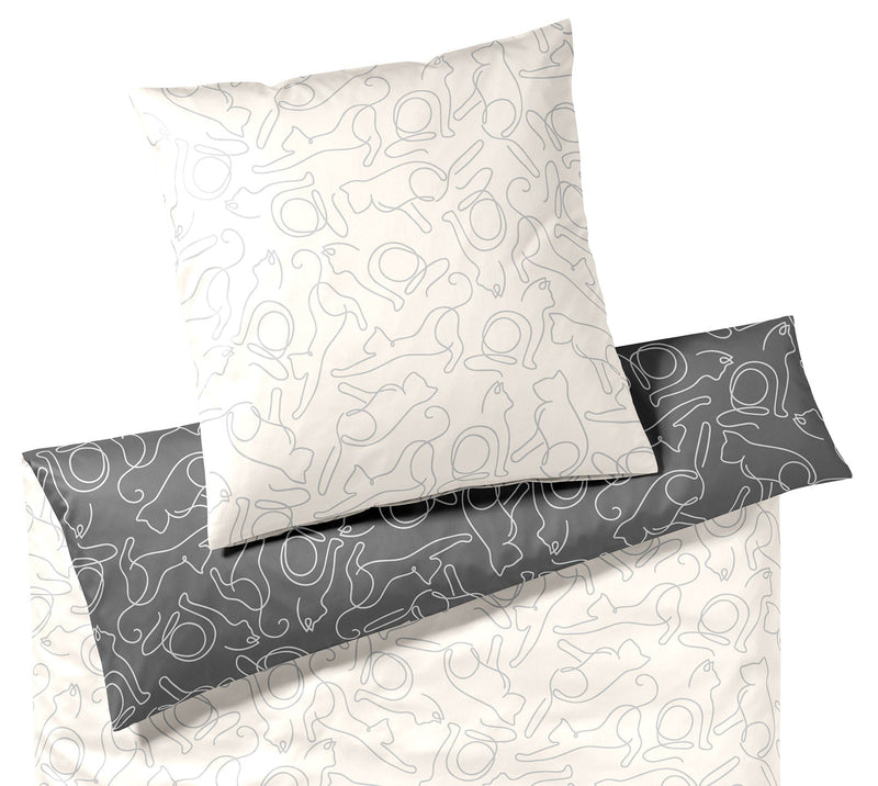 Mako Satin Wende-Bettwäsche Cats mit Katzensilhouetten – Creme-Grau
