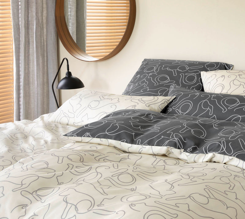 Mako Satin Wende-Bettwäsche Cats mit Katzensilhouetten – Creme-Grau