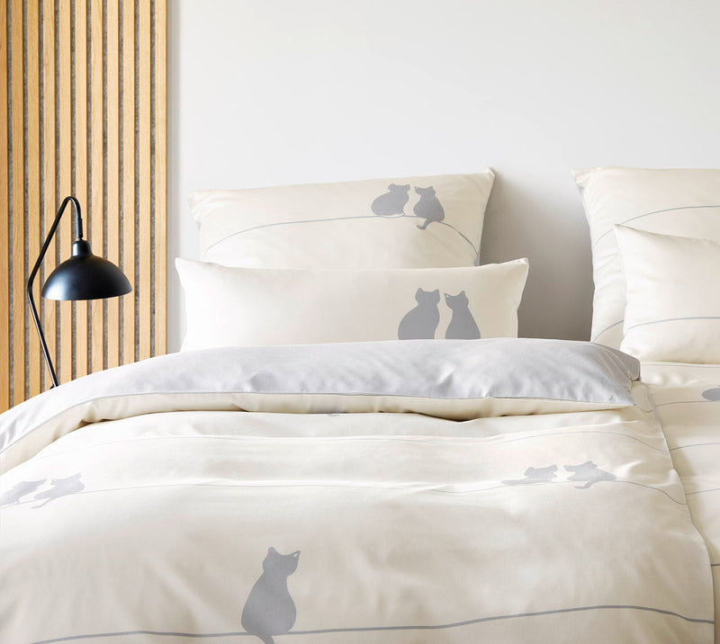Mako Satin Wende-Bettwäsche You & Me mit Katzenmotiv – Creme