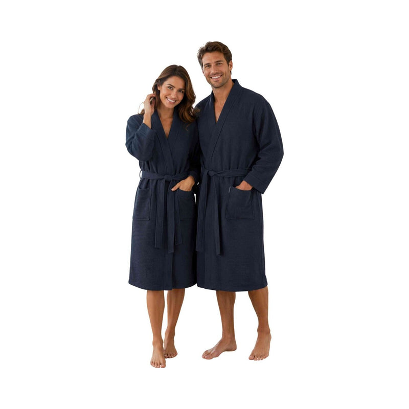 Sascha: kurzer Waffelpikee-Kimono-Bademantel für Damen und Herren - Leicht, weich, saugfähig & atmungsaktiv – Navyblau