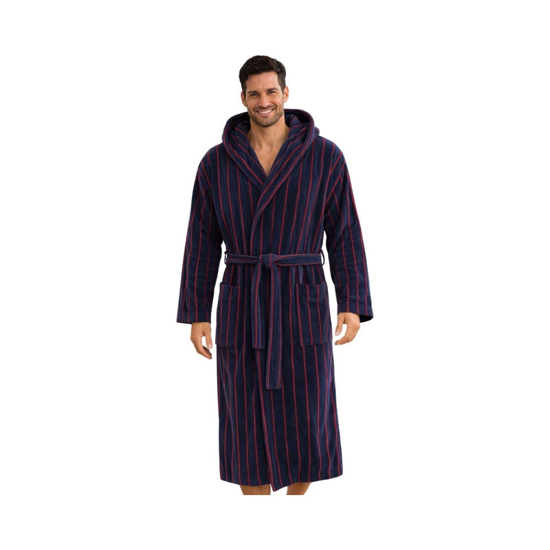 Patrick: Jacquard gewebter Herren-Bademantel aus 100% Baumwolle mit Kapuze – Marine