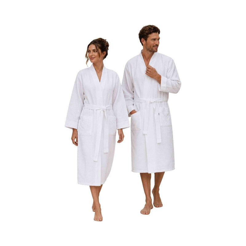 Luca: Waffelpikee-Kimono-Bademantel für Damen und Herren - Leicht, weich, saugfähig & atmungsaktiv – Weiß