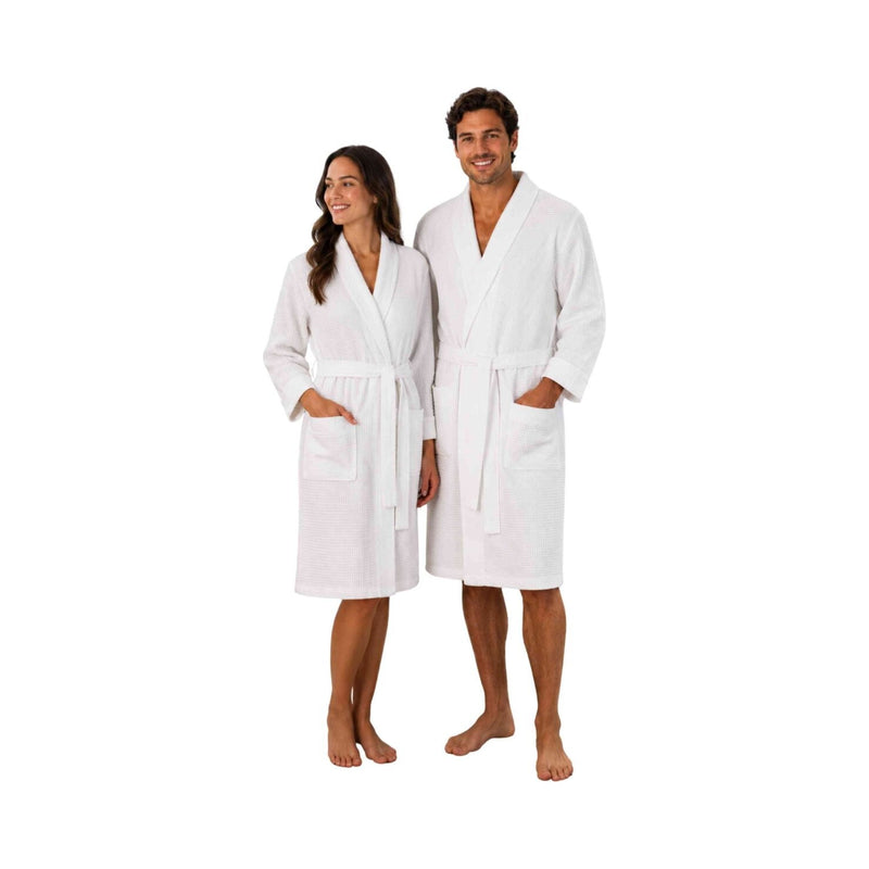 Sascha: kurzer Waffelpikee-Kimono-Bademantel für Damen und Herren - Leicht, weich, saugfähig & atmungsaktiv – Weiß