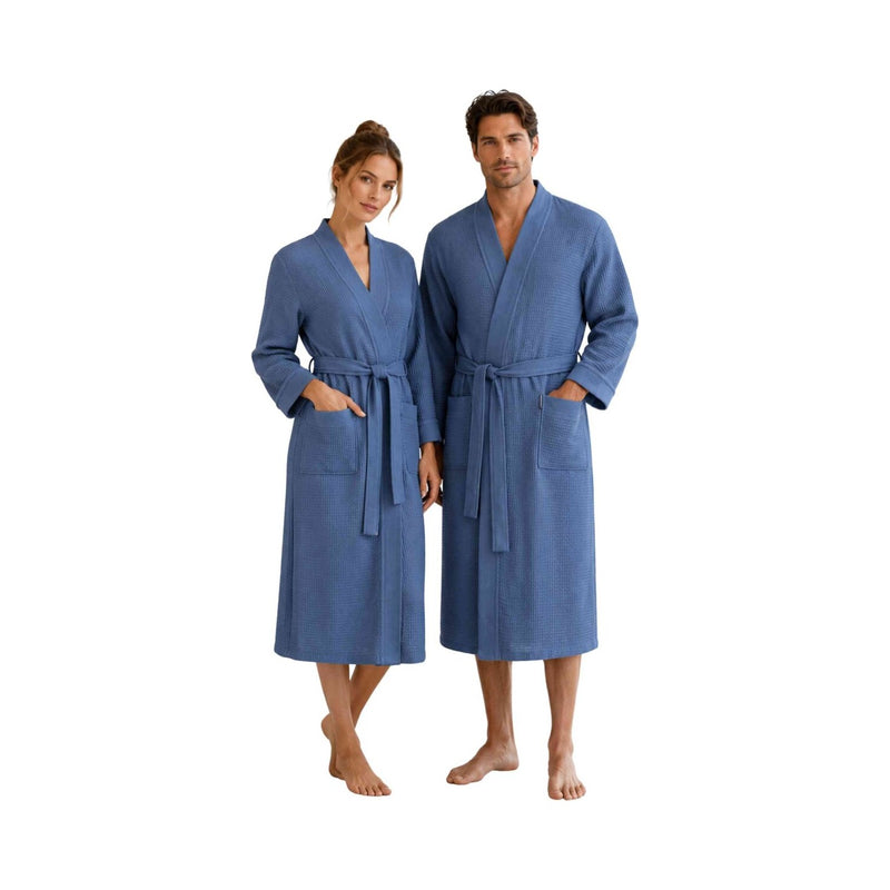 Luca: Waffelpikee-Kimono-Bademantel für Damen und Herren - Leicht, weich, saugfähig & atmungsaktiv – Jeansblau