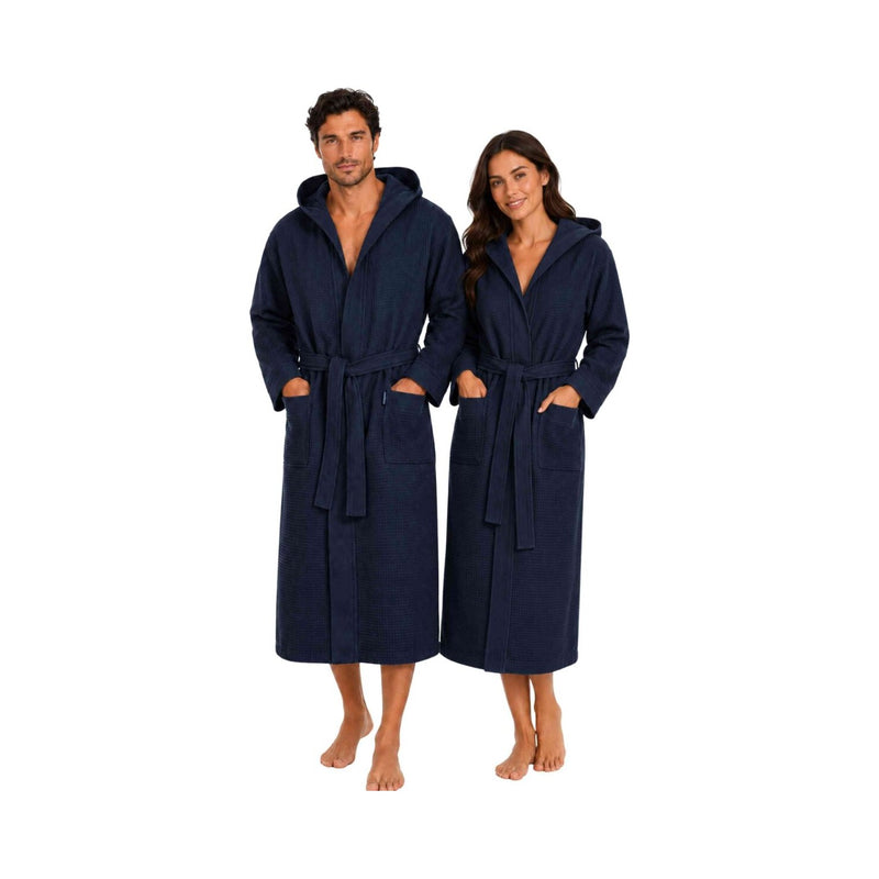 Andrea: Waffelpikee-Bademantel für Damen und Herren mit Kapuze - Leicht, weich, saugfähig & atmungsaktiv – Navyblau